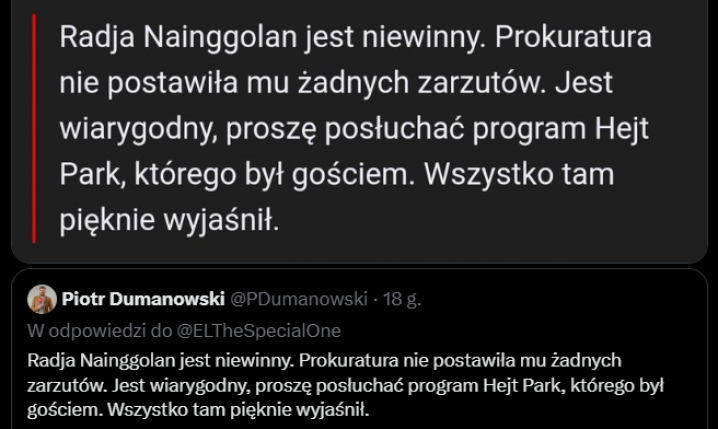 HIT! Piotr Dumanowski ''broni'' na X Nainngolana, a PORTAL NEWSOWY... xD